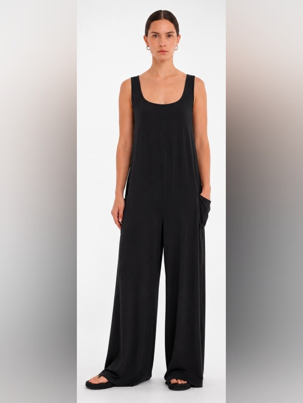 NWT Paper Label Claire Black Tencel Wide Leg Jumpsuit, Size Large